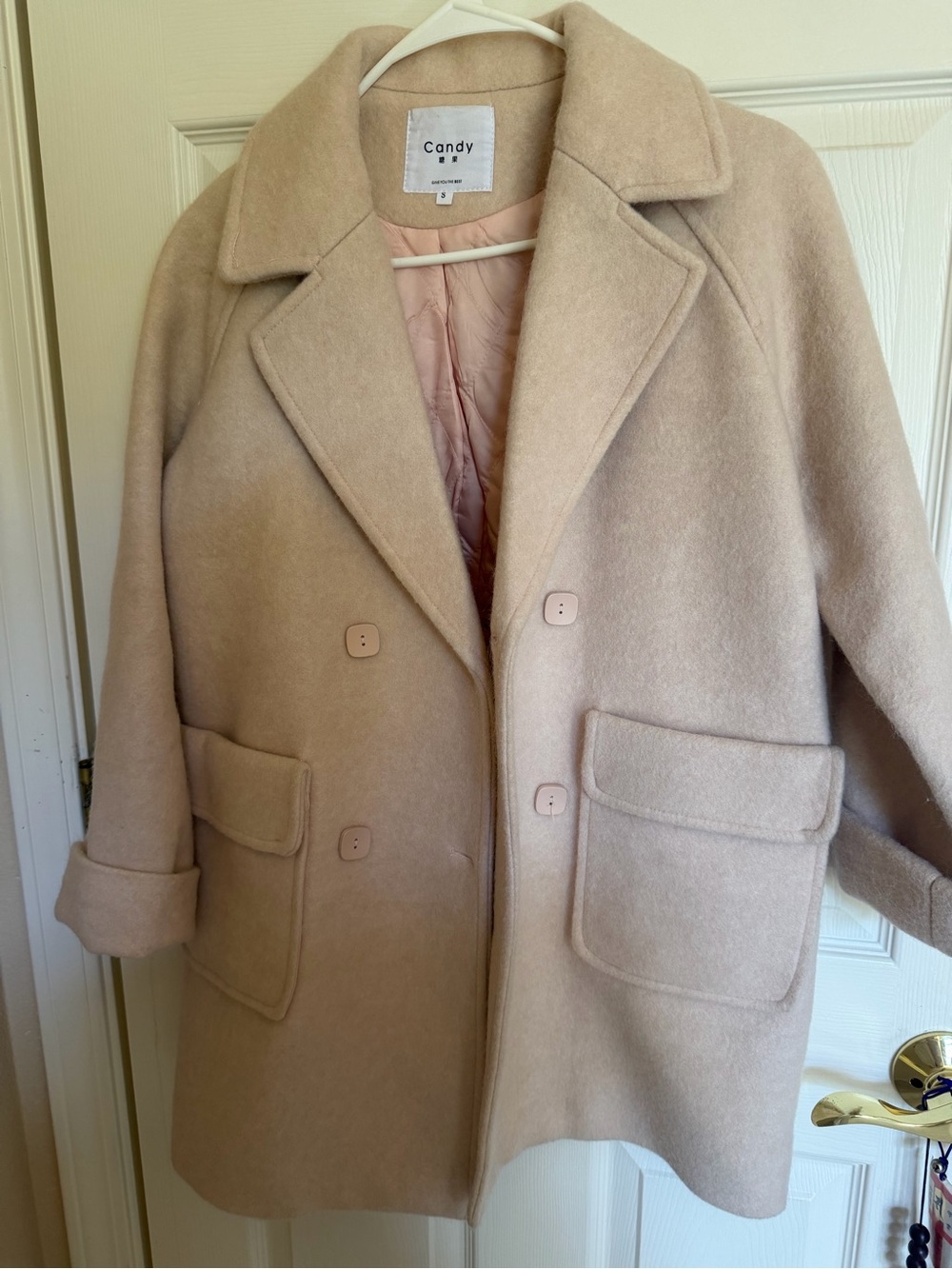 Baby Pink Wool-Blend Coat - Women's Classic Double-Breasted Jacket